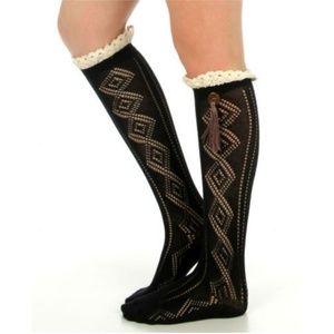 Black Open Weave Lace Trim Button Tassel Socks